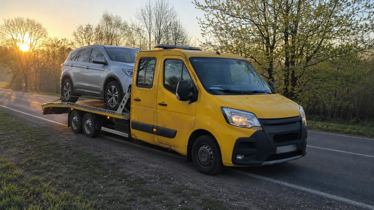 Laweta CANIK-HOL z SUV-em na platformie o wschodzie słońca – Świdnica