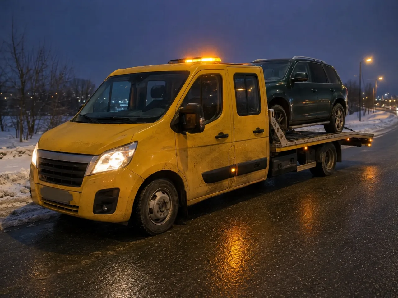 Pomoc drogowa po wypadku nocą – auto na lawecie – Świdnica